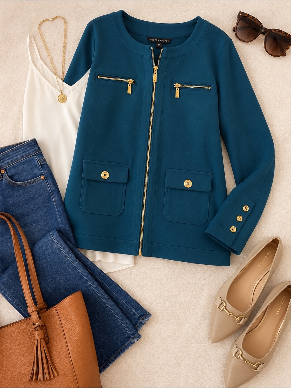 Boston Proper Teal Collarless Zip Jacket with Gold Accents
